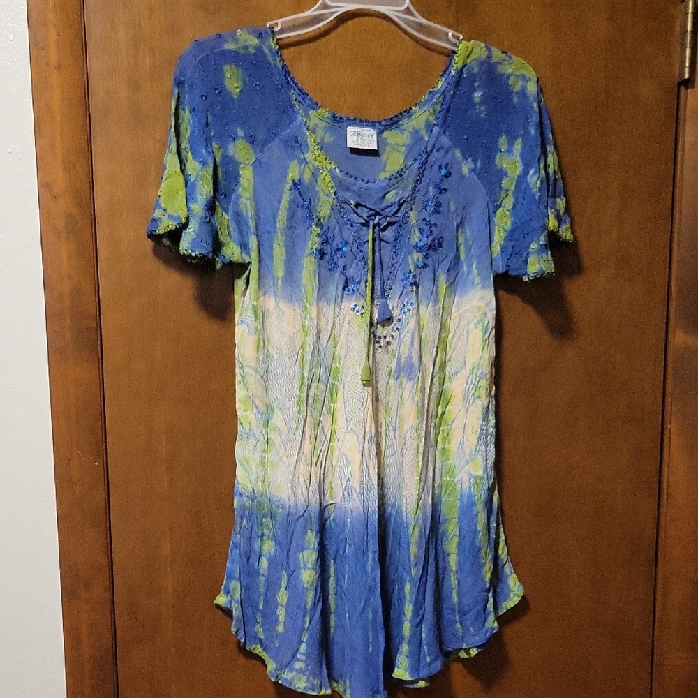 Advance Apparel Free Size Tie Dye Blye Green Blouse